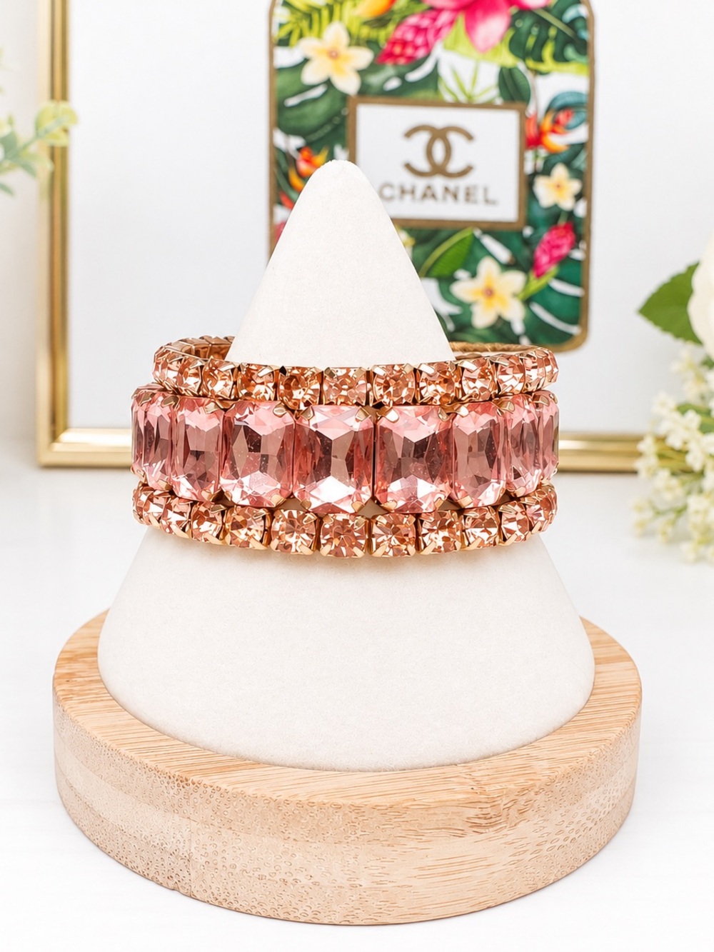 Pink Crystal Gold Stretch Bracelet (3 separate bracelets)